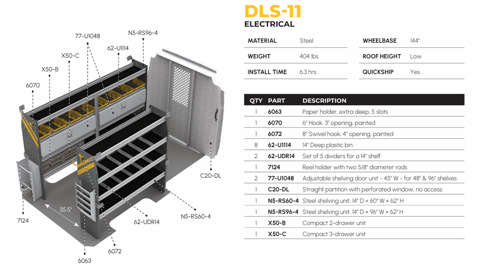 
                      
                        Electrician Van Shelving Package, Mercedes Sprinter, 144” WB – DLS-11
                      
                    