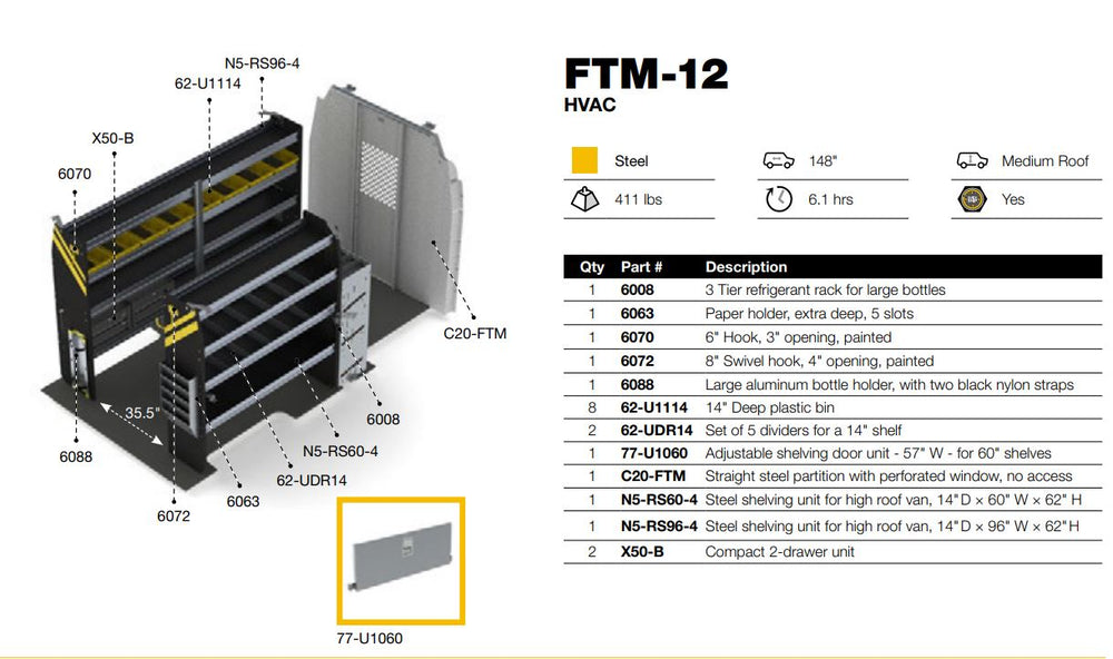 
                      
                        HVAC Van Shelving Package, Ford Transit Med Roof, 148” WB – FTM-12
                      
                    