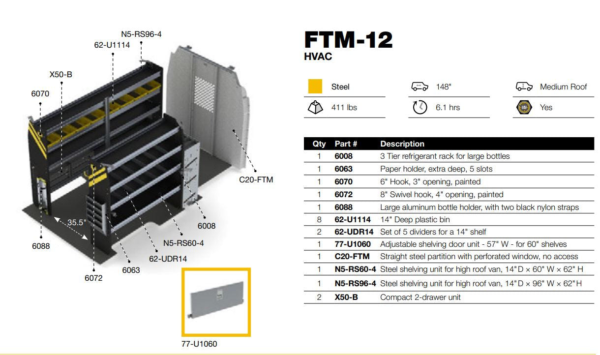 HVAC Van Shelving Package, Ford Transit Med Roof, 148” WB – FTM-12