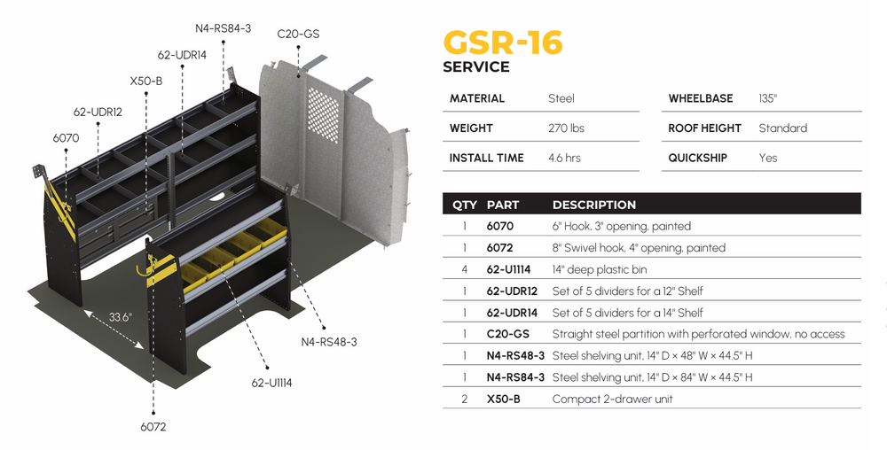 
                      
                        Mobile Service & Plumbing Van Shelving Package, Chevrolet Express, 135” WB – GSR-16
                      
                    