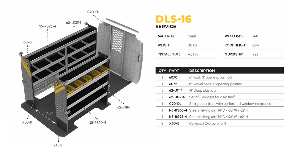 
                      
                        Mobile Service & Plumbing Van Van Shelving Package, Mercedes Sprinter, 144” WB – DLS-16
                      
                    