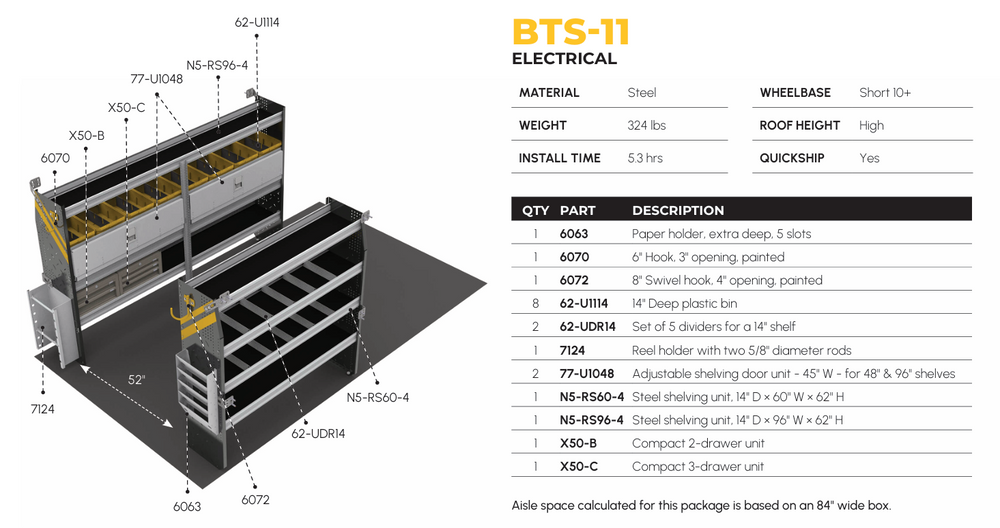 
                      
                        Electrician Van Shelving Package, 10′ Box Truck/Enclosed Trailer – BTS-11
                      
                    