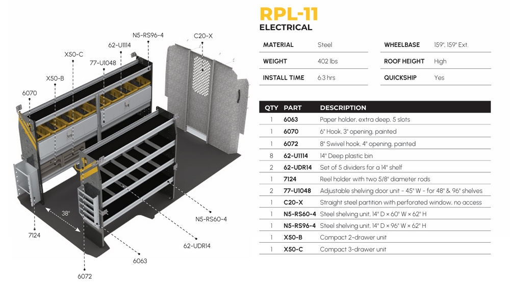 
                      
                        Electrician Van Shelving Package, RAM ProMaster, 159” WB – RPL-11
                      
                    