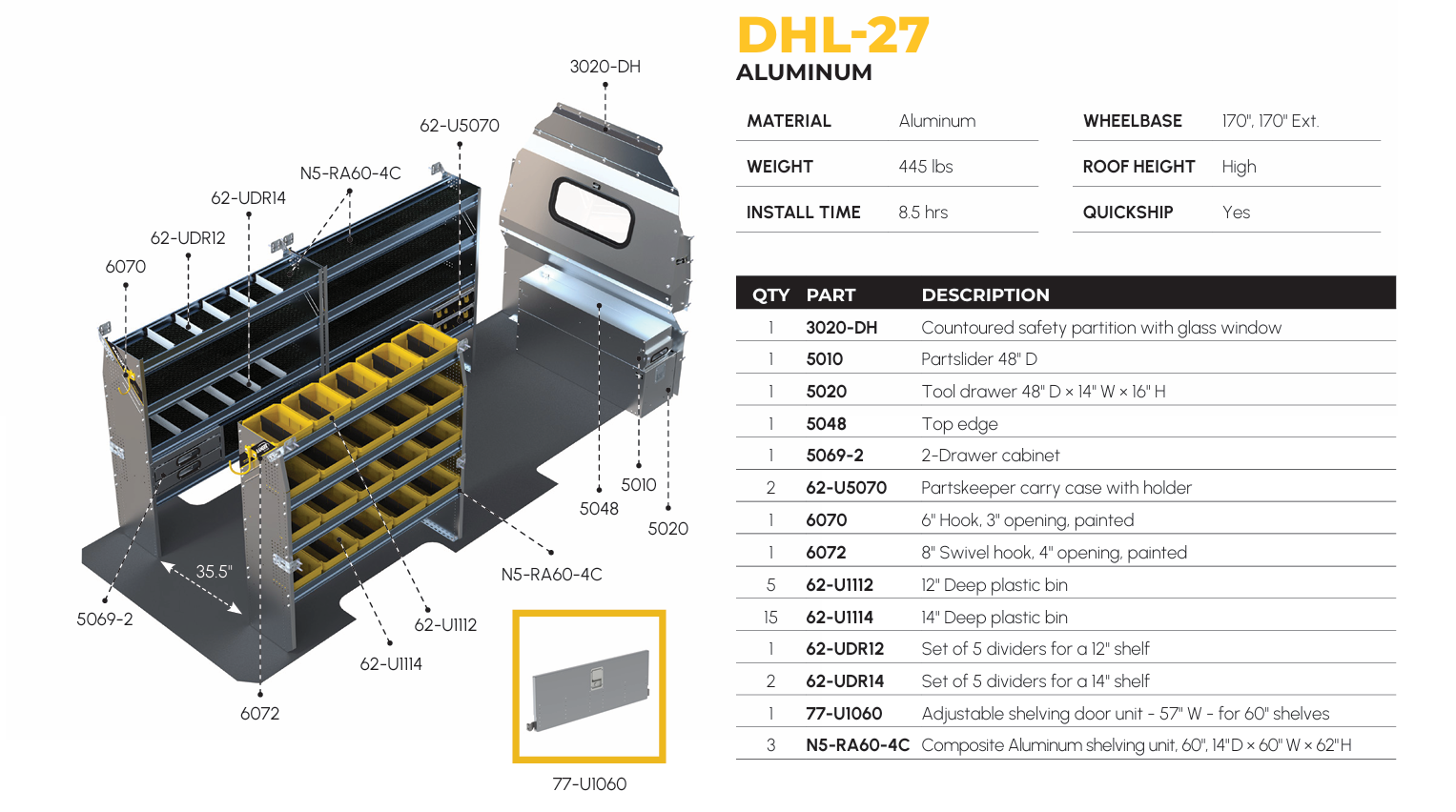Aluminum Van Shelving Package, Mercedes Sprinter High Roof, 170”, 170" Ext. WB – DHL-27