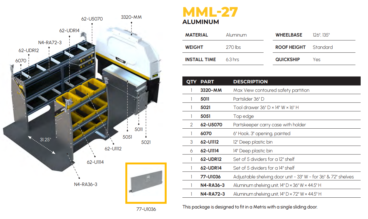 Aluminum Van Shelving Package, Mercedes Metris All WB – MML-27