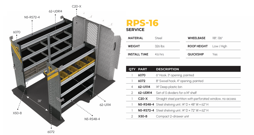 
                      
                        Mobile Service & Plumbing Van Shelving Package, RAM ProMaster, 118” / 136” WB – RPS-16
                      
                    