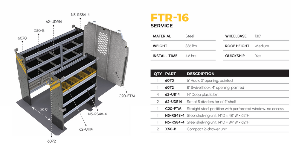 
                      
                        Mobile Service & Plumbing Van Shelving Package, Ford Transit Med Roof, 130” WB – FTR-16
                      
                    