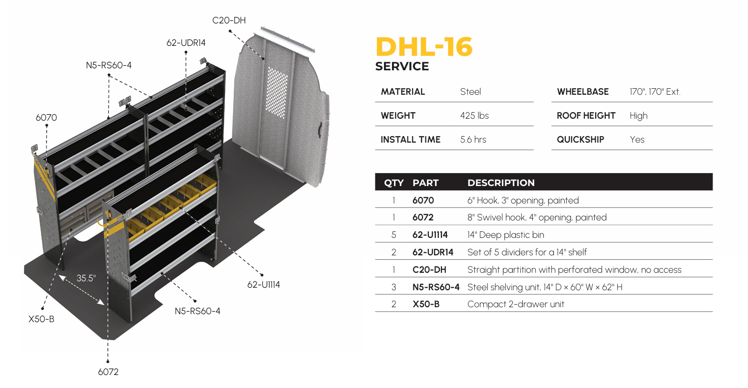 Mobile Service & Plumbing Van Shelving Package, Mercedes Sprinter, 170″ WB – DHL-16