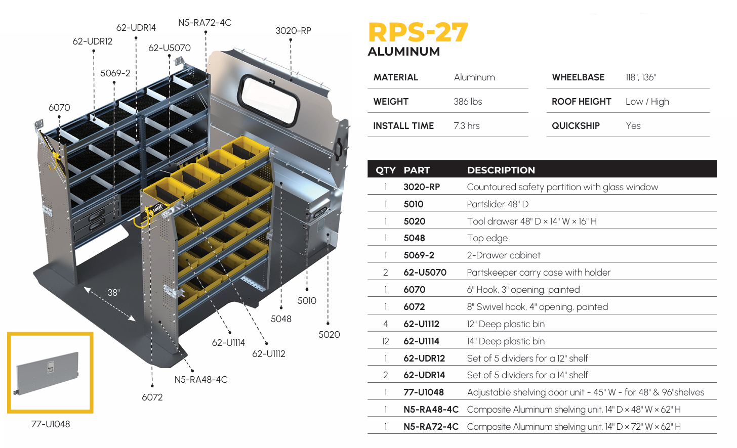 Aluminum Van Shelving Package, RAM ProMaster, 118” / 136” WB – RPS-27