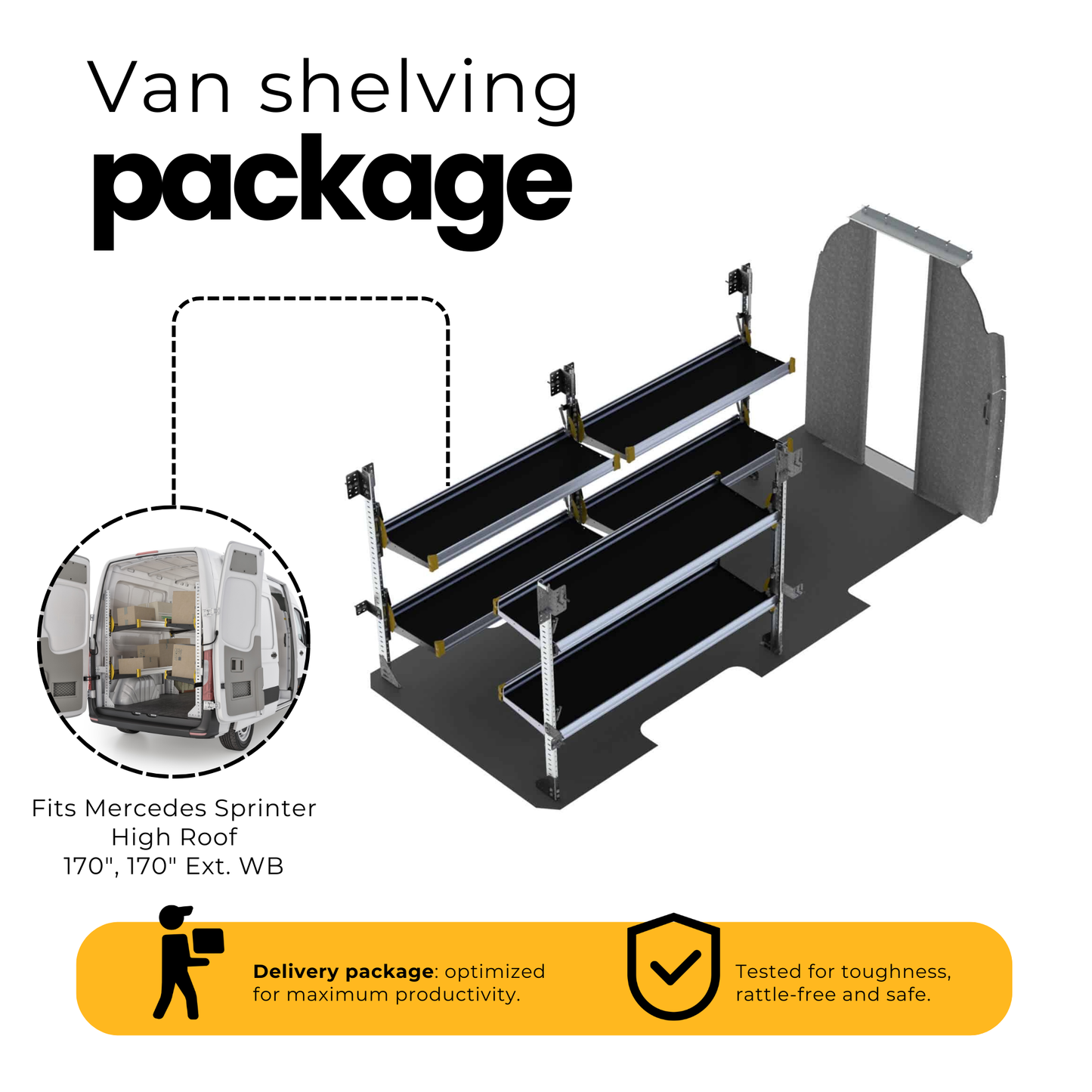 Delivery Van Shelving Package, Mercedes Sprinter High Roof, 170”, 170” Ext. WB – DHL-19