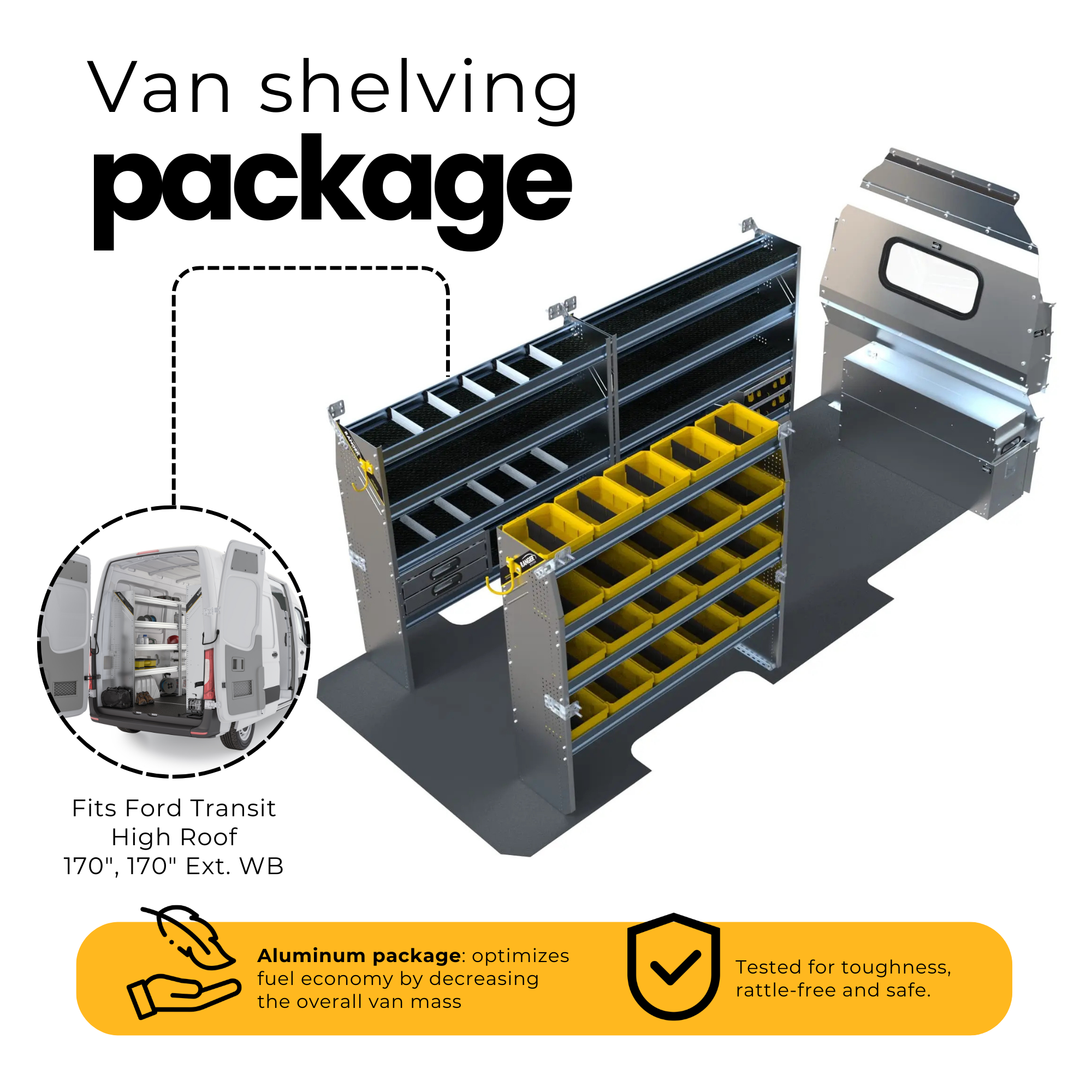 Aluminum Van Shelving Package, Mercedes Sprinter High Roof, 170”, 170" Ext. WB – DHL-27