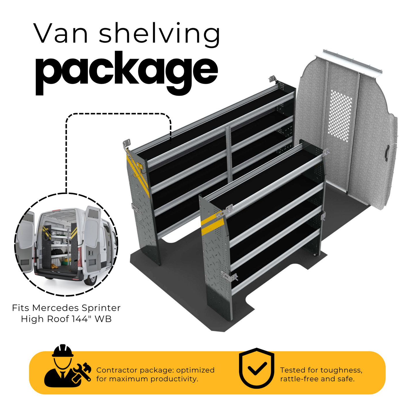 Contractor Van Shelving Package, Mercedes Sprinter High Roof, 144” WB – DHS-10