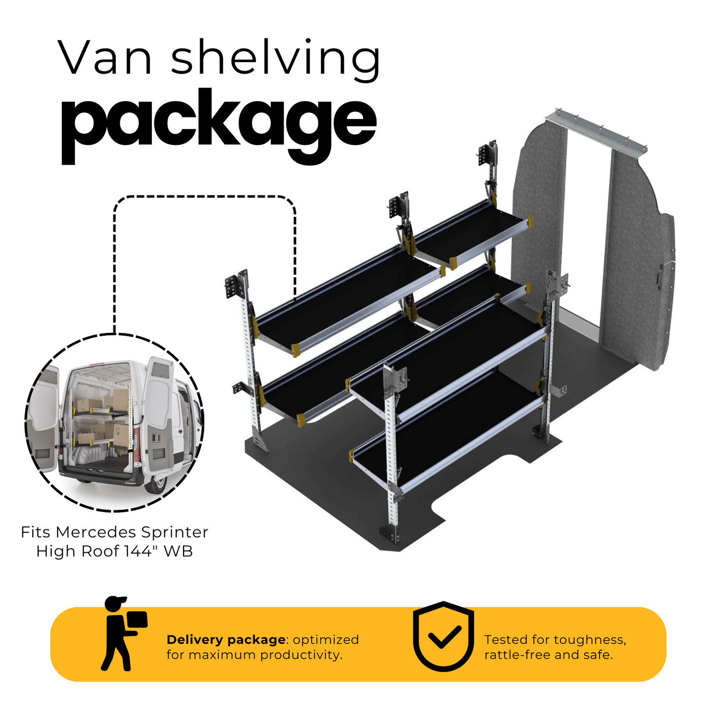 Delivery Van Shelving Package, Mercedes Sprinter High Roof, 144” WB – DHS-19