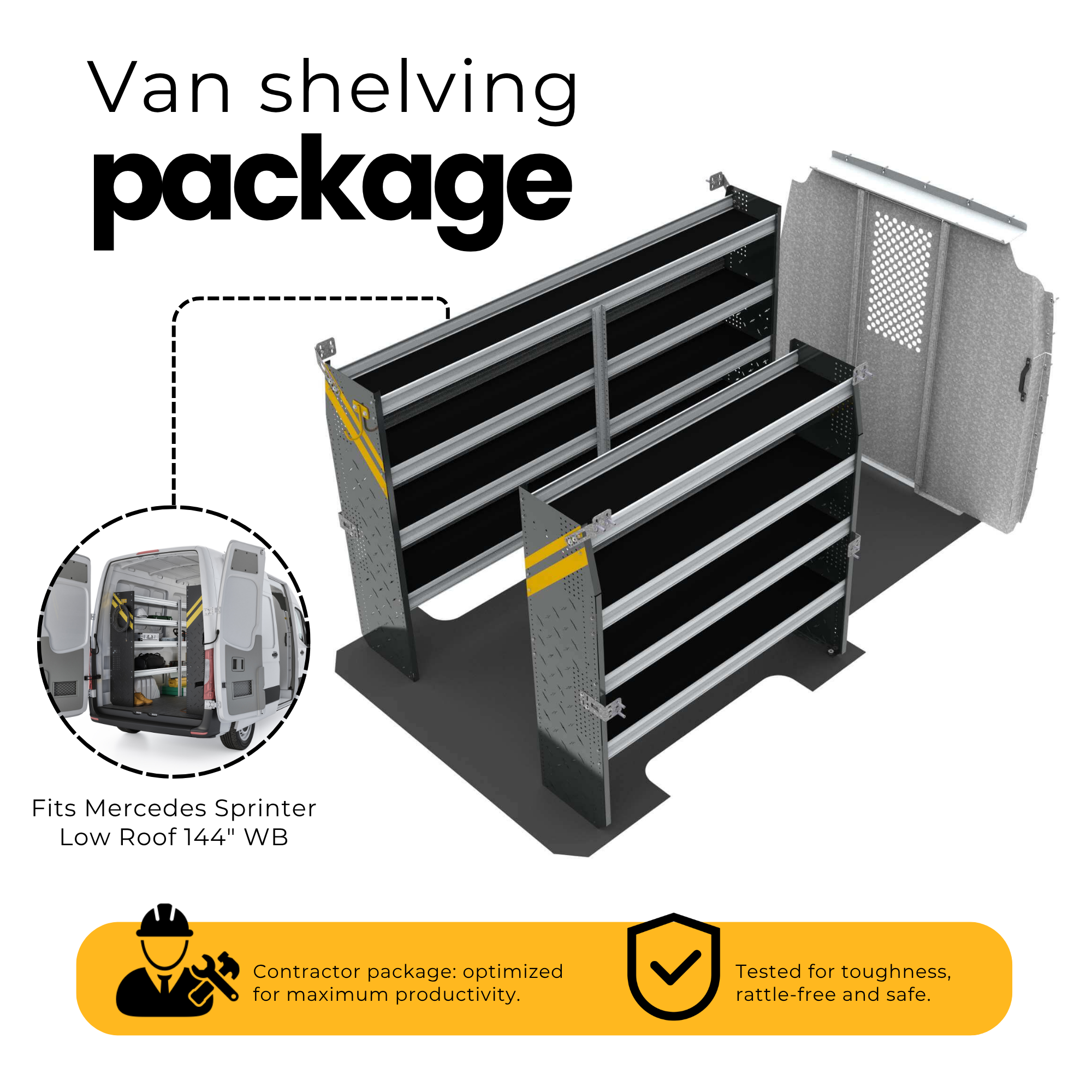 Contractor Van Shelving Package, Mercedes Sprinter Low Roof, 144” WB – DLS-10