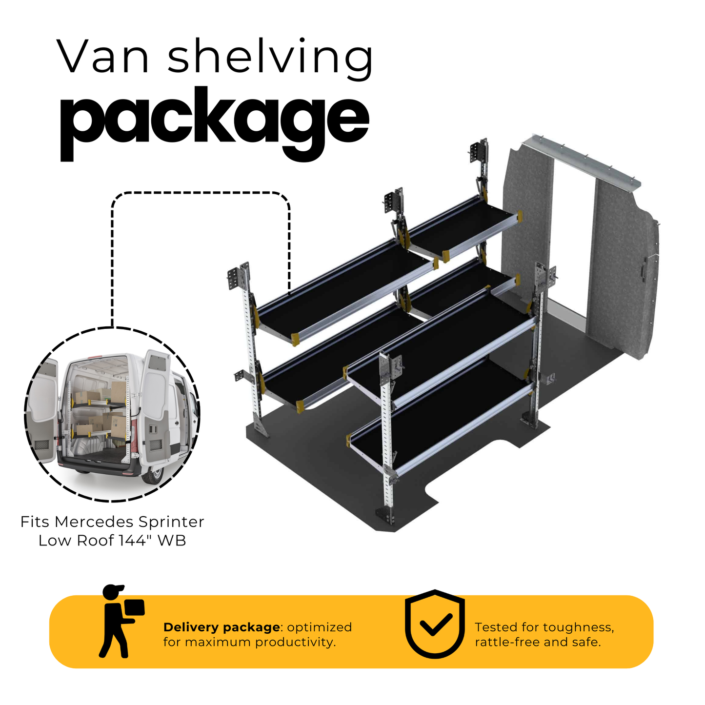 Delivery Van Shelving Package, Mercedes Sprinter Low Roof, 144” WB – DLS-19