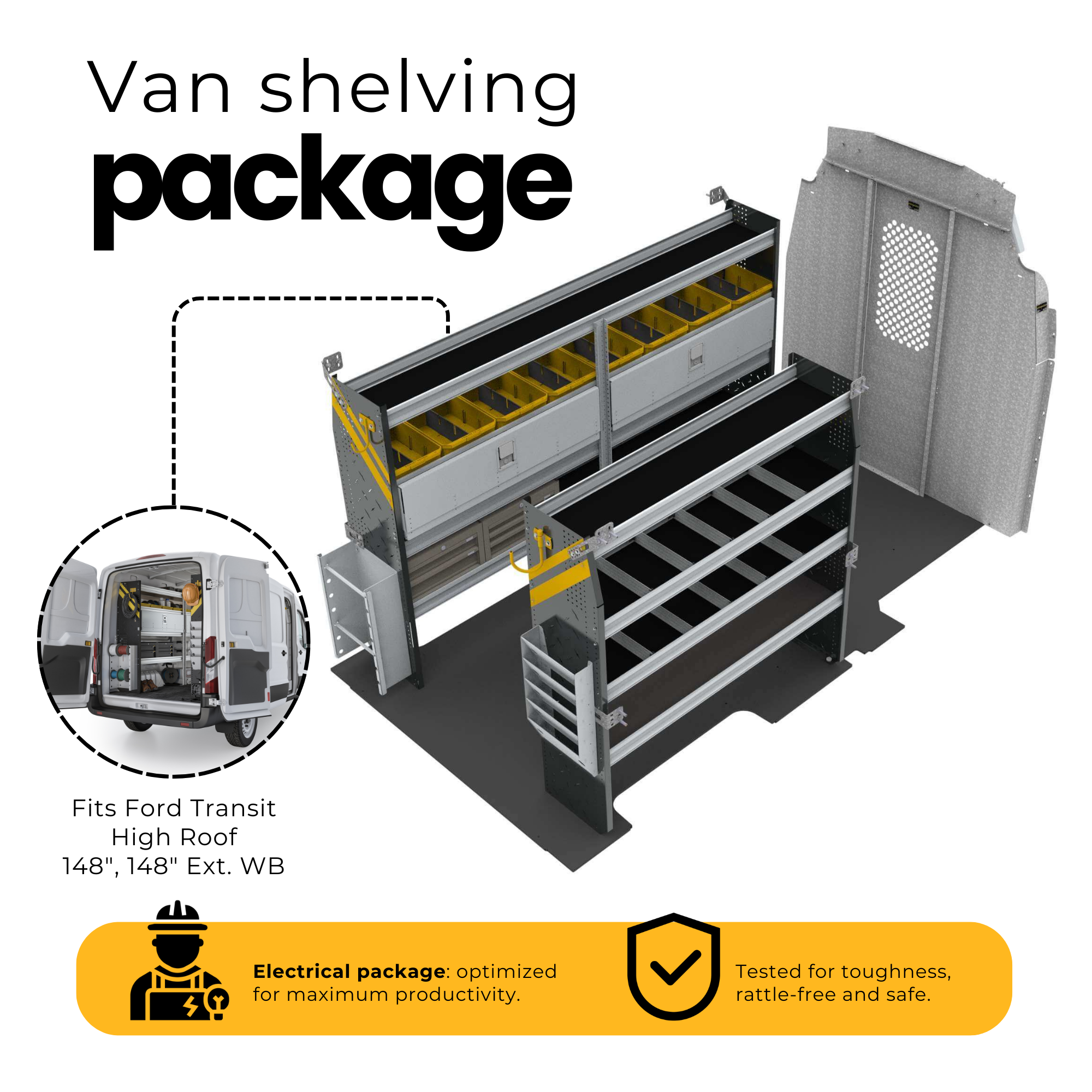 Electrician Van Shelving Package, Ford Transit Med Roof, 130” WB – FTR-11