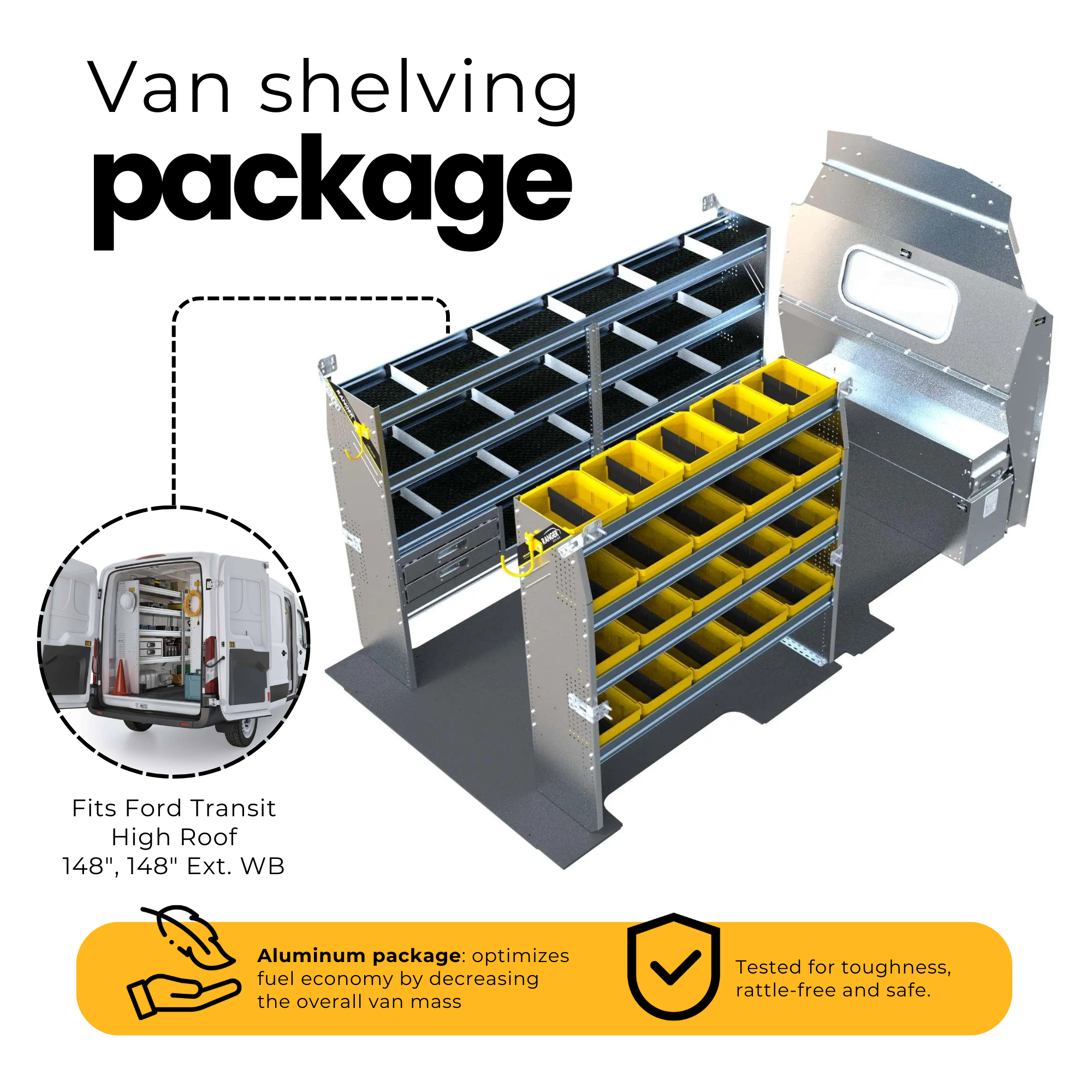 Aluminum Van Shelving Package, Ford Transit High Roof, 148", 148" Ext. WB – FTH-27