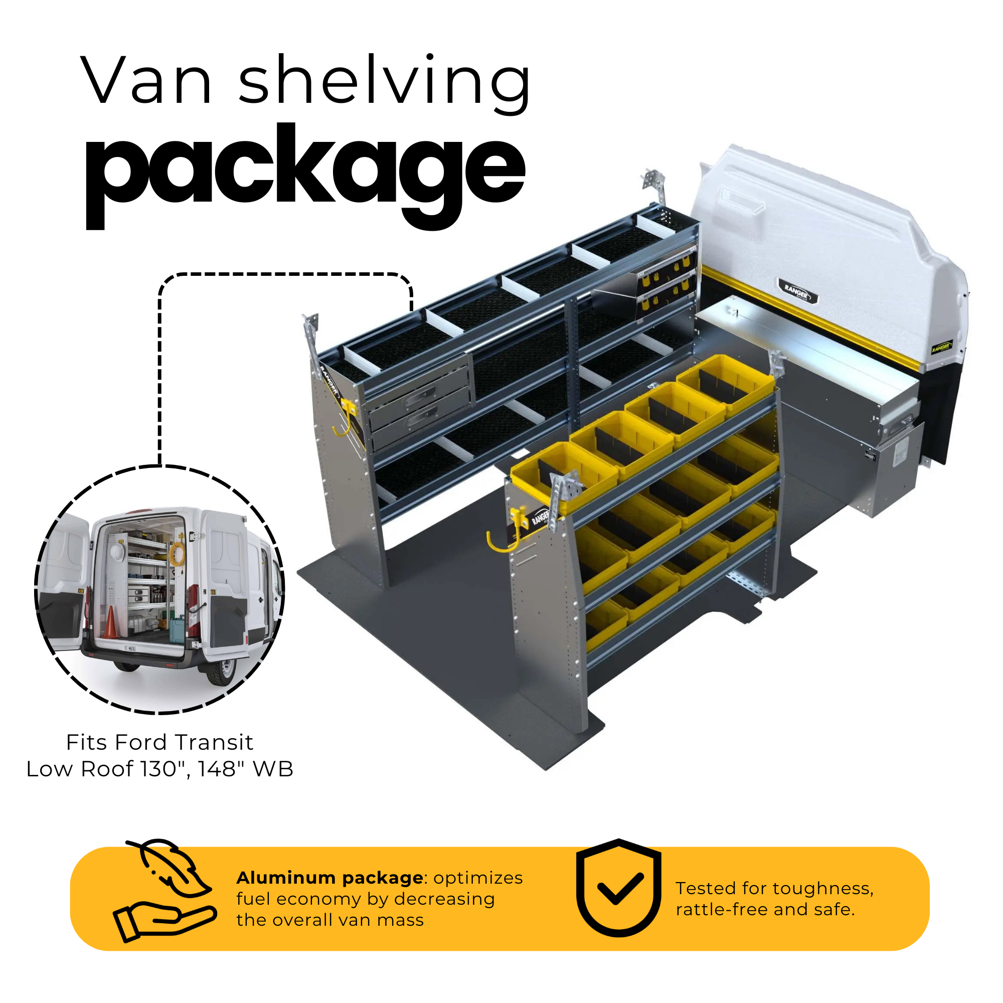 Aluminum Van Shelving Package, Ford Transit Low Roof 130", 148" WB – FTL-27