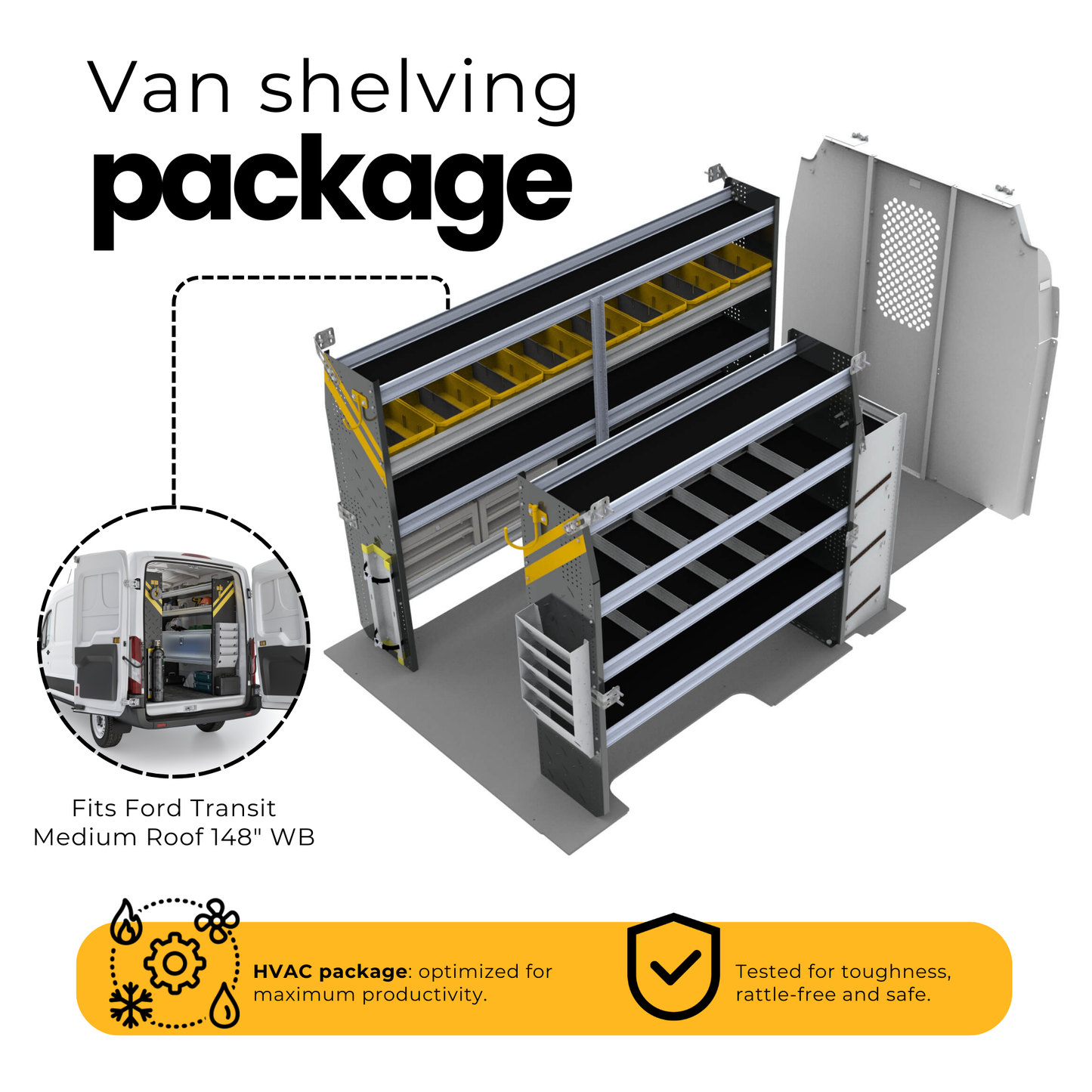 HVAC Van Shelving Package, Ford Transit Med Roof, 148” WB – FTM-12