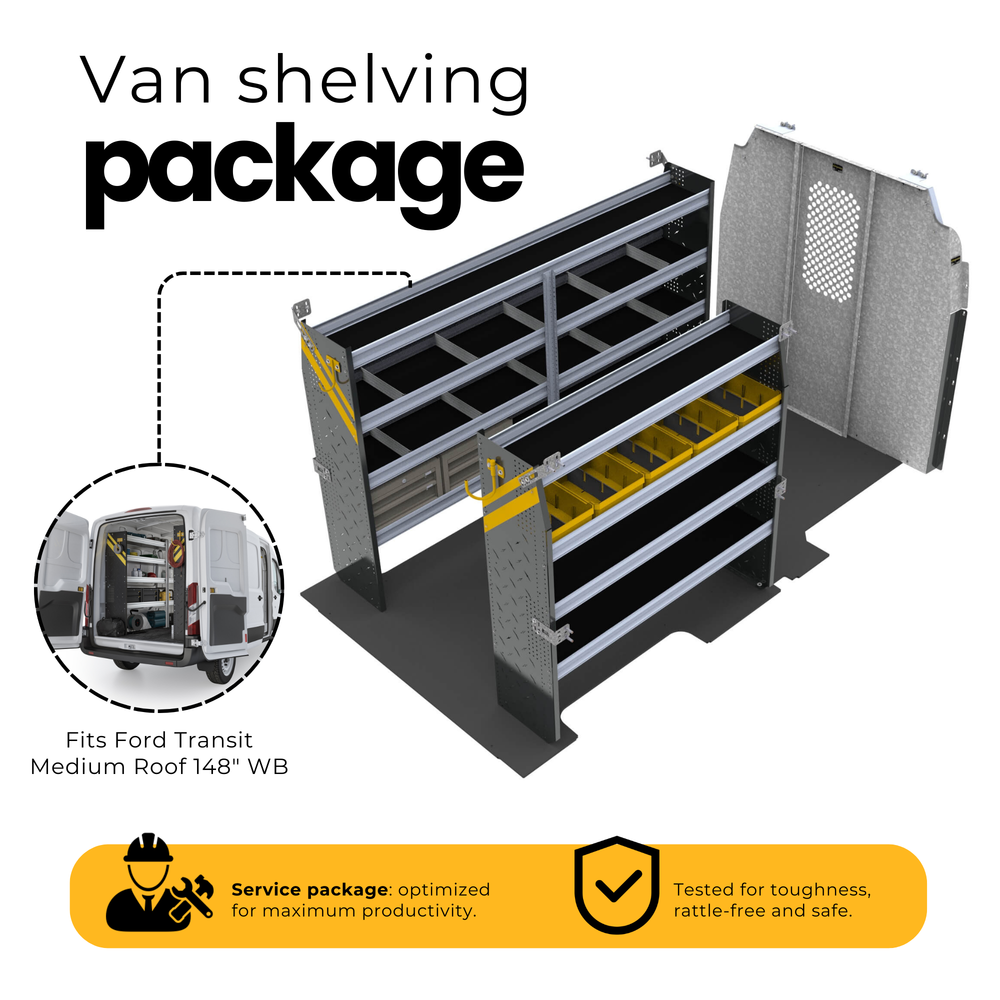 Mobile Service & Plumbing Van Shelving Package, Ford Transit Med Roof, 148” WB – FTM-16