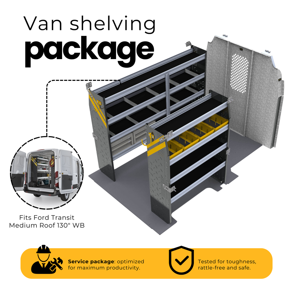 Mobile Service & Plumbing Van Shelving Package, Ford Transit Med Roof, 130” WB – FTR-16