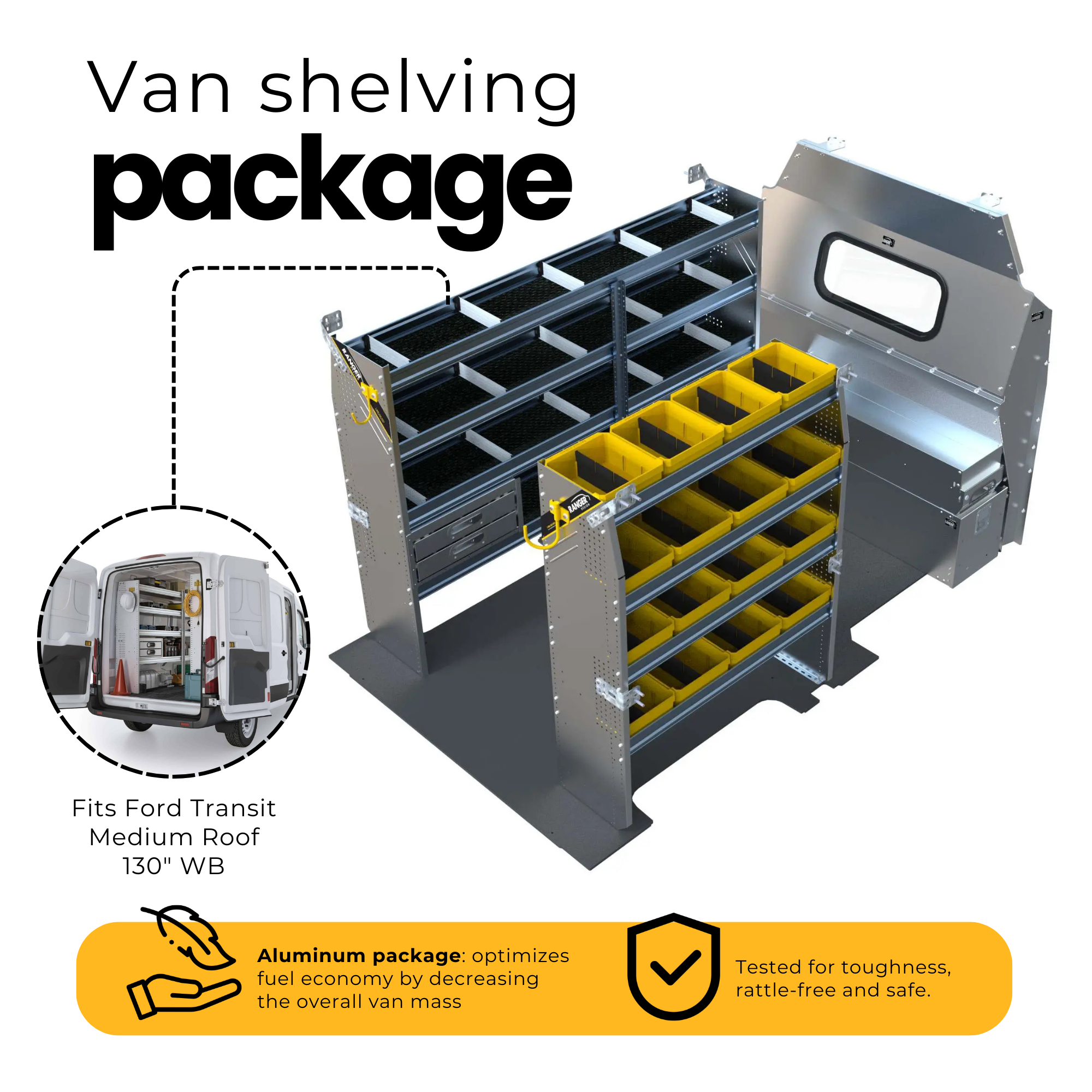 Aluminum Van Shelving Package, Ford Transit Med Roof, 130” WB – FTR-27