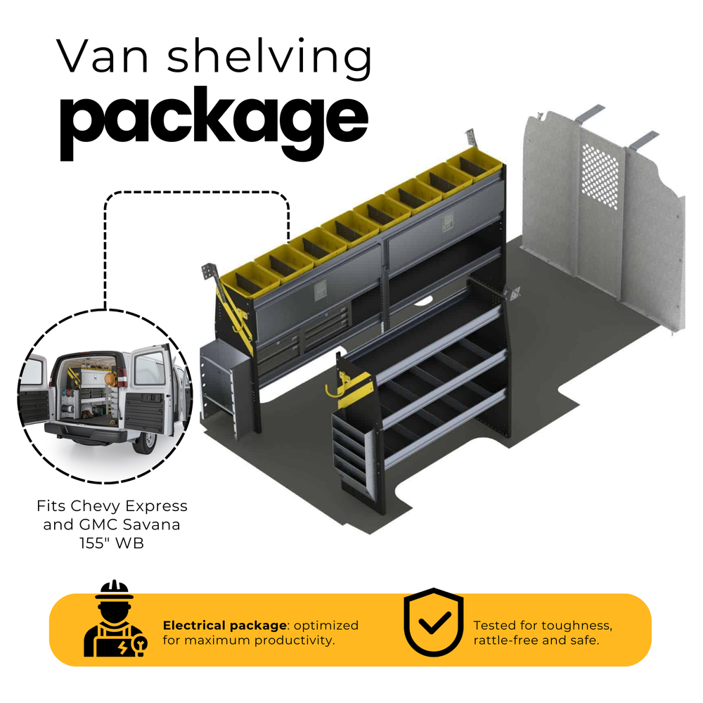 Electrician Van Shelving Package, Chevrolet Express, 155” WB – GSL-11