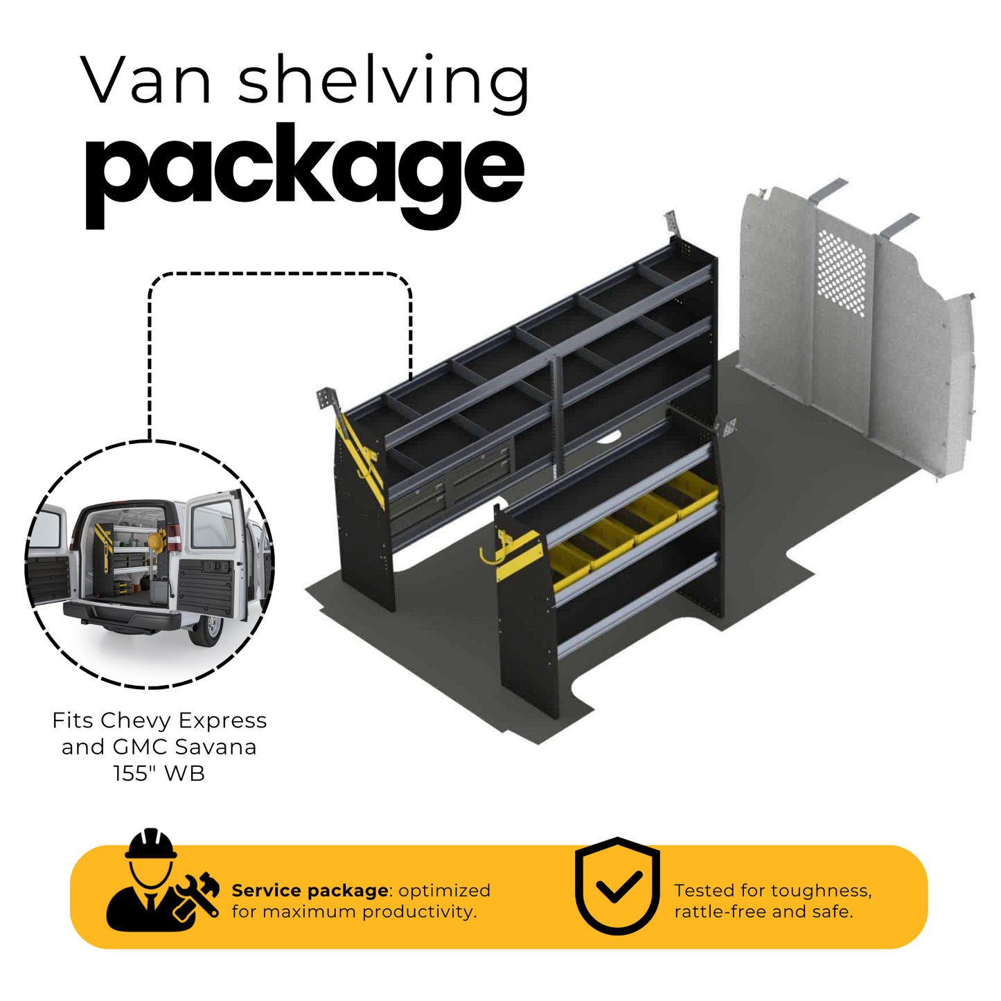 Mobile Service & Plumbing Van Shelving Package, Chevrolet Express, 155” WB – GSL-16