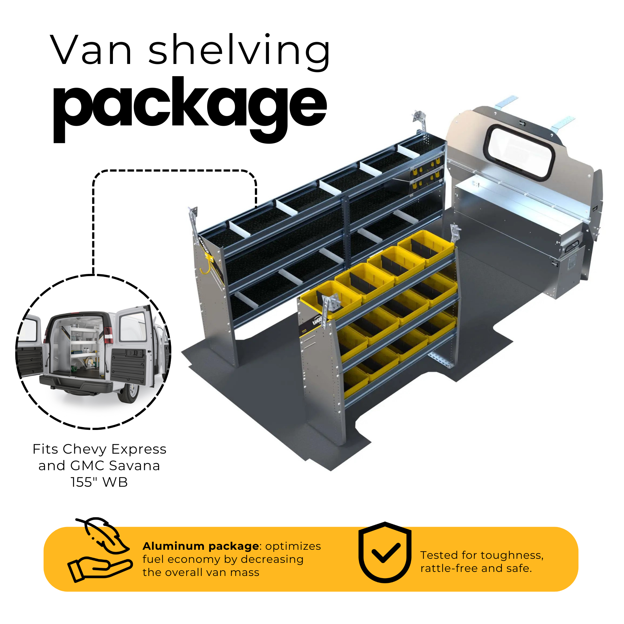 Aluminum Van Shelving Package, Chevrolet Express, 155” WB – GSL-27