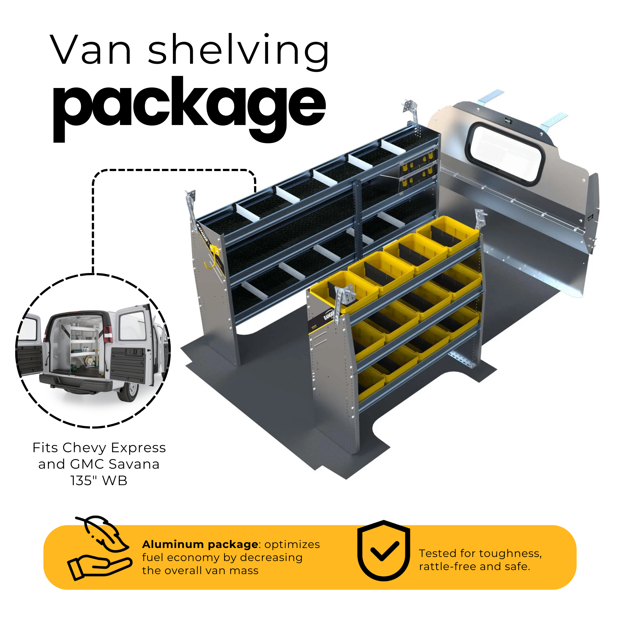 Aluminum Van Shelving Package, Chevrolet Express, 135” WB – GSR-27