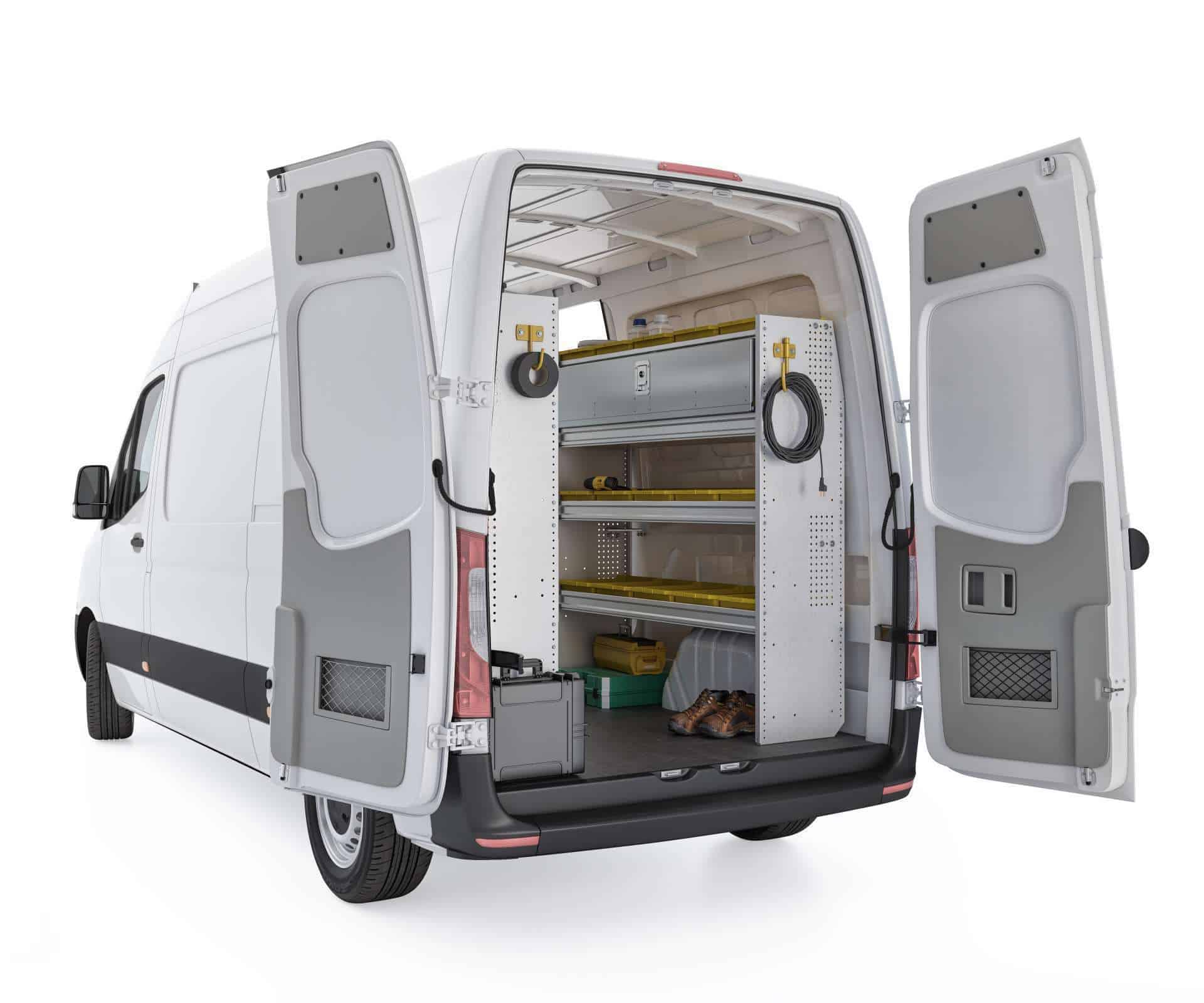 Aluminum Van Shelving Package, Mercedes Sprinter High Roof, 144” WB – DHS-27