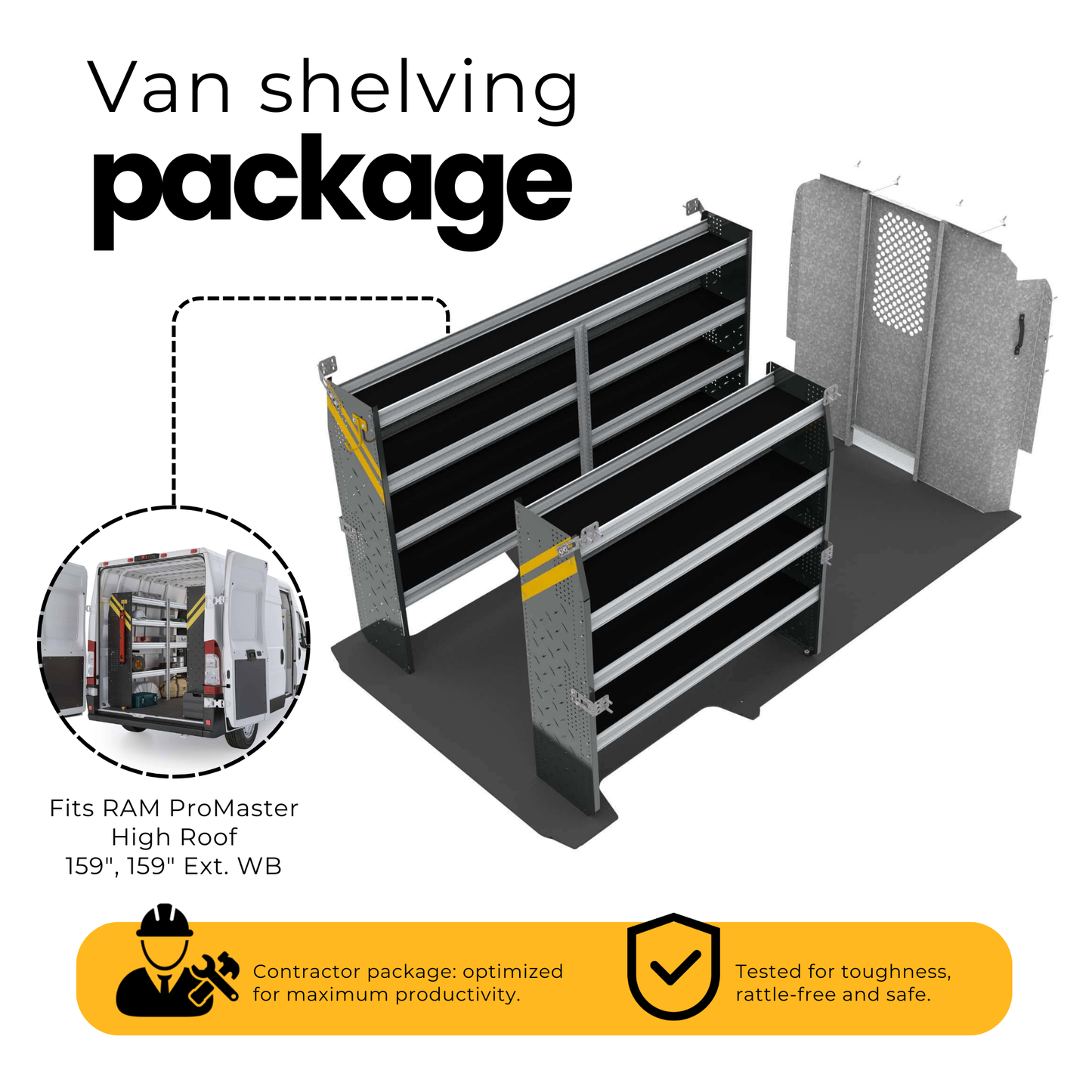 Contractor Van Shelving Package, RAM ProMaster High Roof , 159”, 159" Ext. WB – RPL-10
