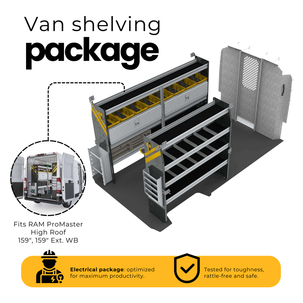 Electrician Van Shelving Package, RAM ProMaster, 159” WB – RPL-11