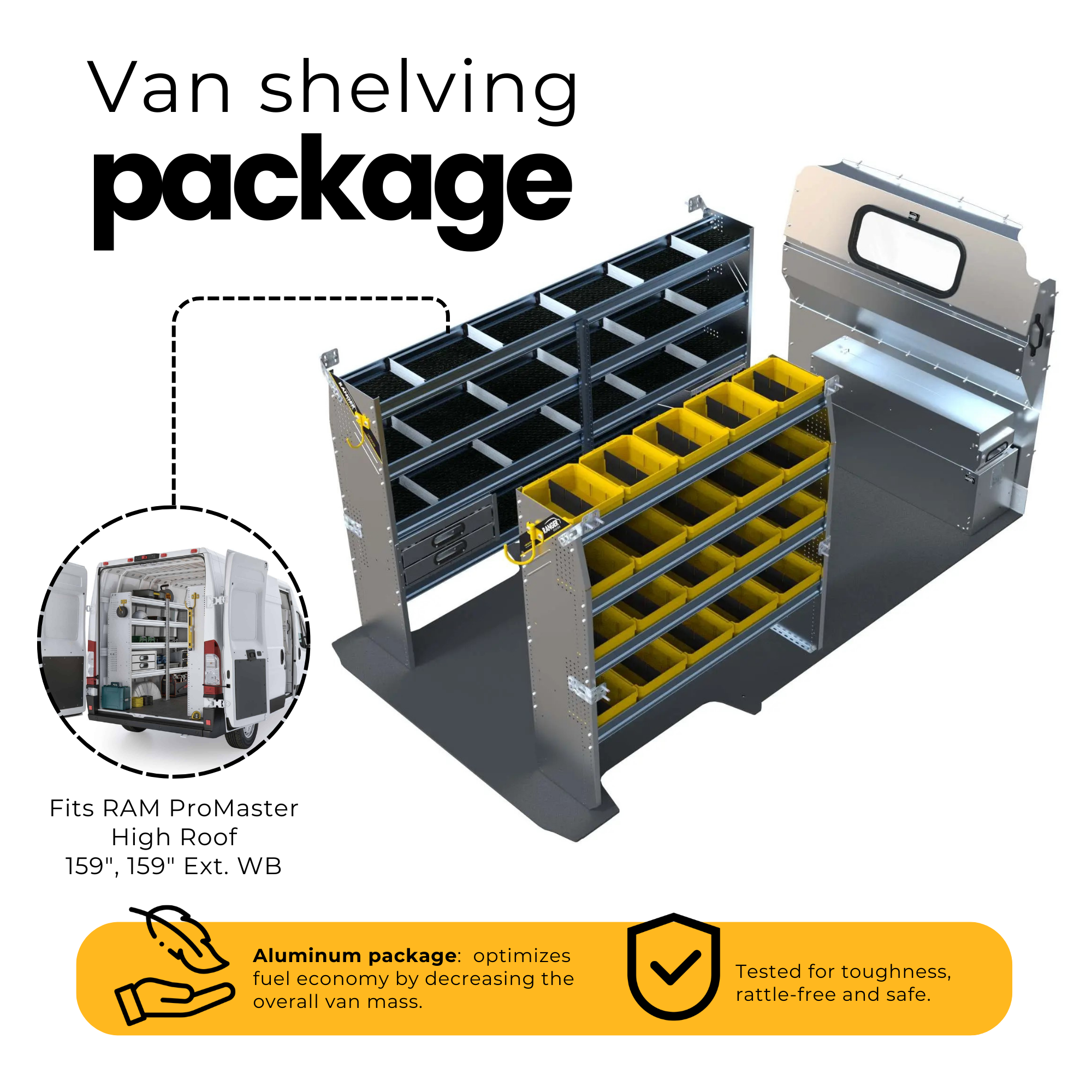 Aluminum Van Shelving Package, RAM ProMaster High Roof, 159”, 159" Ext. WB – RPL-27