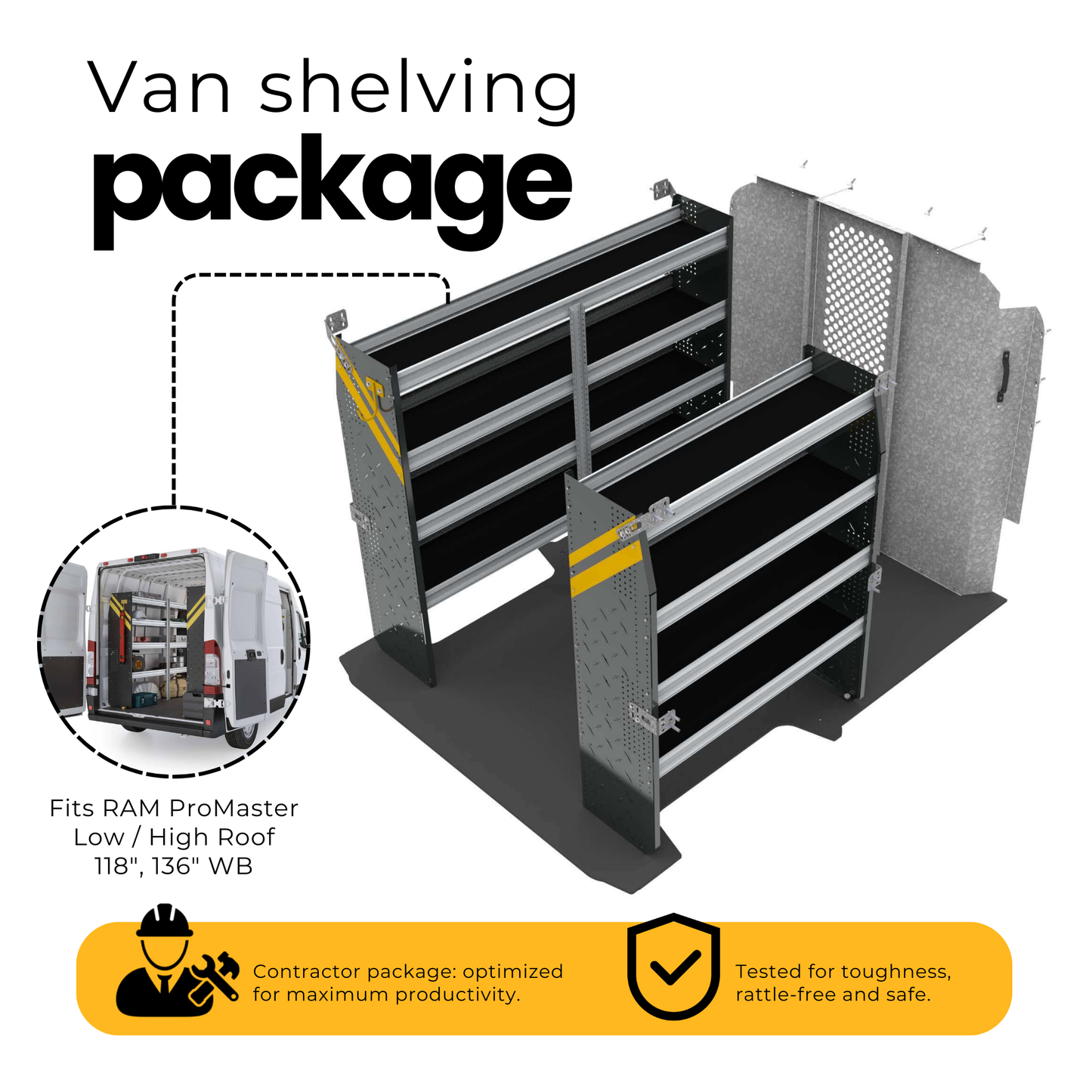 Contractor Van Shelving Package, RAM ProMaster, 118” / 136” WB – RPS-10