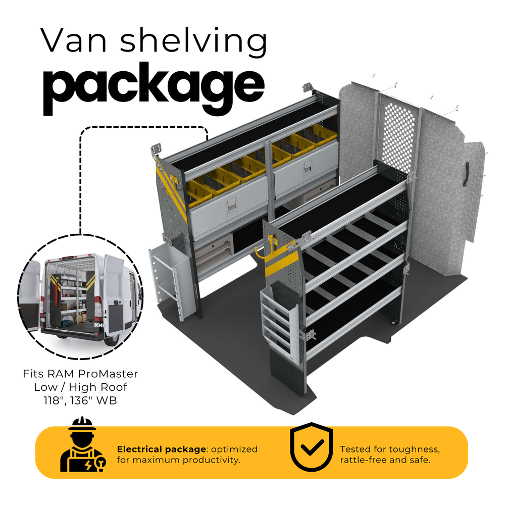 Electrician Van Shelving Package, RAM ProMaster, 118″ / 136″ WB – RPS-11