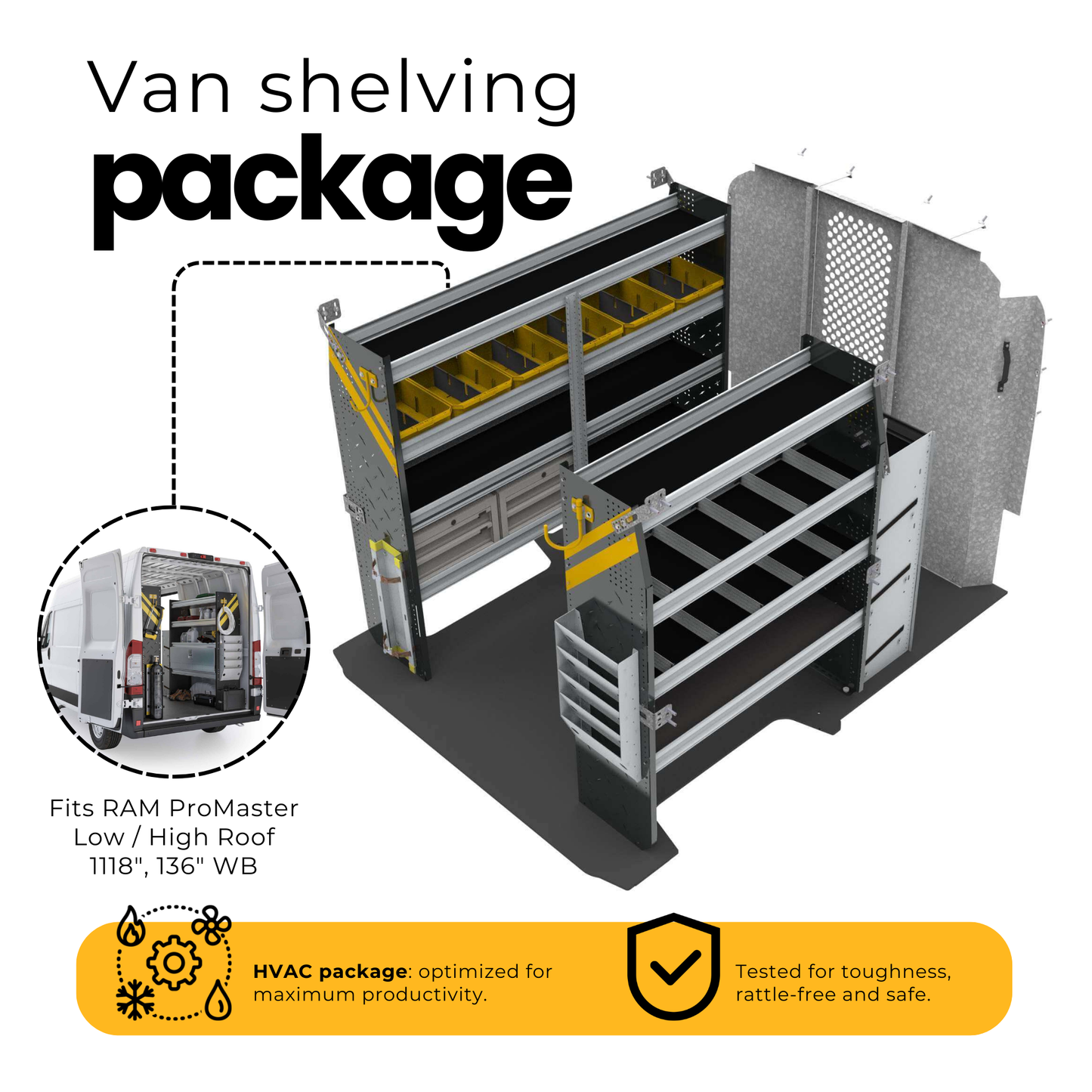 HVAC Van Shelving Package, RAM ProMaster, 118” / 136” WB – RPS-12