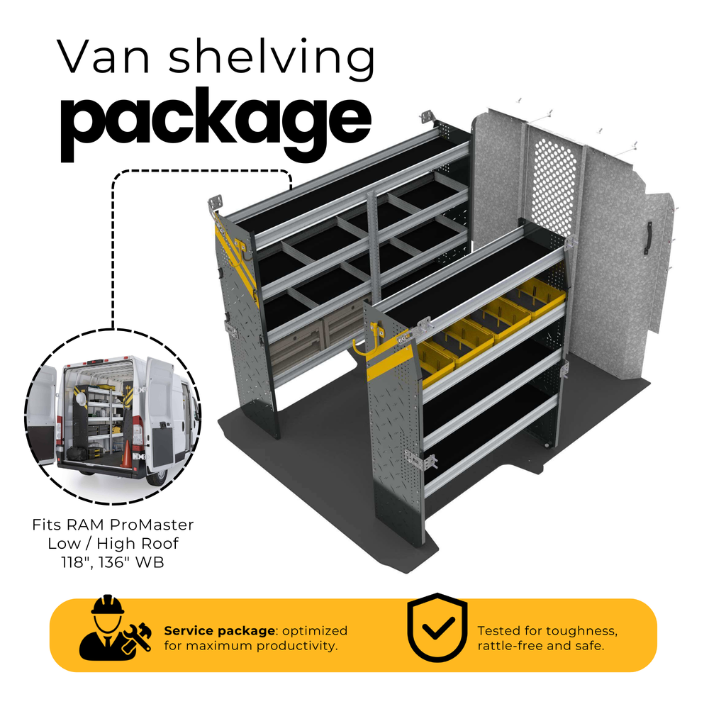 Mobile Service & Plumbing Van Shelving Package, RAM ProMaster, 118” / 136” WB – RPS-16