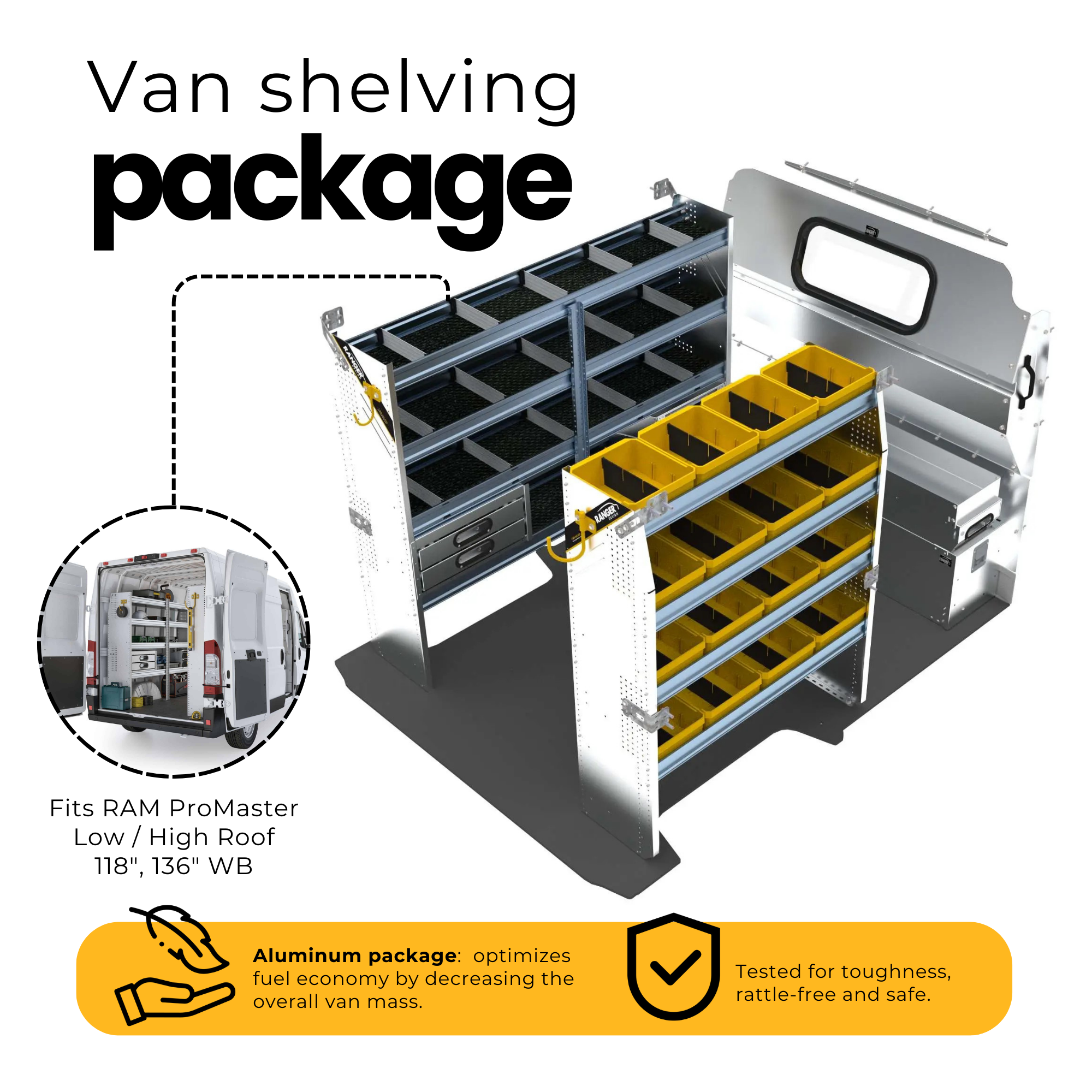 Aluminum Van Shelving Package, RAM ProMaster, 118” / 136” WB – RPS-27