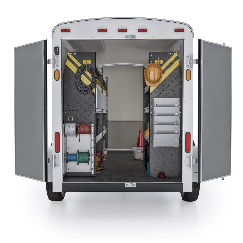 
                      
                        Electrician Van Shelving Package, 10′ Box Truck/Enclosed Trailer – BTS-11
                      
                    